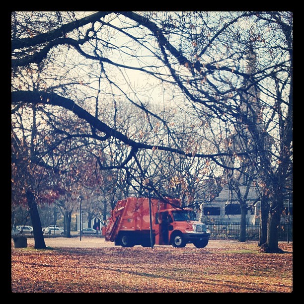 Garbage truck on the common