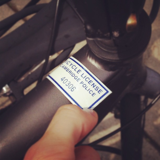 Registered my #bicycle. Thanks, @CambridgePolice!